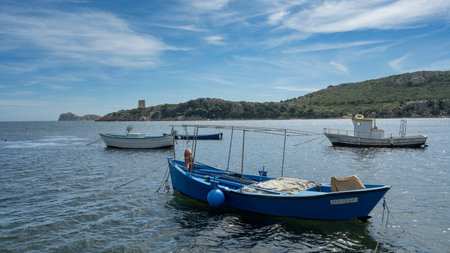 Boats anchored off the coast of South Sardinia, Italyのeditorial素材
