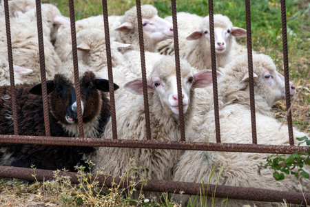 Group of sheep alongside a fence, Tempio Pausania, Sardinia Island, Italyのeditorial素材