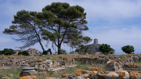 Archeological ruins of Nora which is an ancient pre-Roman town on a peninsula near Pula, Sardinia, Italyのeditorial素材