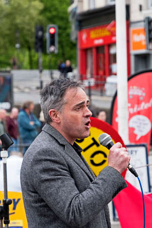 Bristol, UK - April 29, 2017: Jonathan Bartley, co-leader of the Green Party, speaking at a demonstration against government policiesのeditorial素材