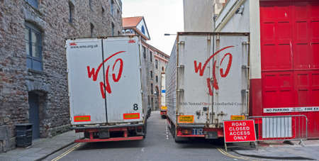 Bristol, UK - April 11, 2014: Lorries carrying scenery and costumes for the Welsh National Opera outside the rear entrance to the Bristol Hippodromeのeditorial素材