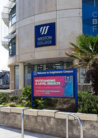 Weston-super-Mare, UK - August 29, 2019: The Knightstone Campus of Weston College with a sign...