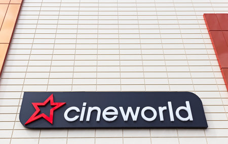 Weston-super-Mare, UK - July 5, 2019: A sign showing the name and logo of Cineworld outside the companyâs cinema in the town centreのeditorial素材