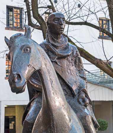Bristol, UK - March 15, 2017: âCloaked Horsemanâ, a sculpture by David Backhouse representing a medieval traveller arriving at one of the gates in the city wall.のeditorial素材
