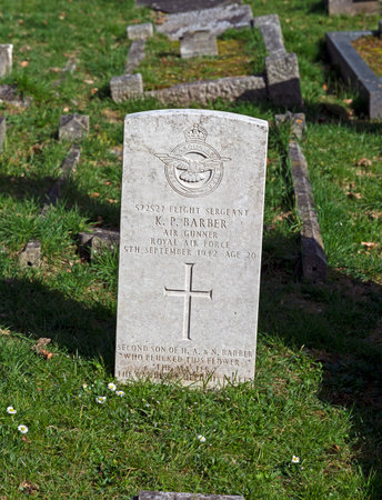 Weston-super-Mare, UK - March 19, 2023: The grave of Flight Sergeant K P Barber in Milton Road...