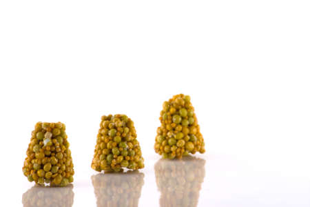 three plant food pellets in a line