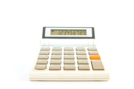 White calculator with white and orange buttons on a white backgroundの写真素材