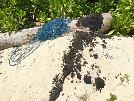 Dirty Petroleum oil on a white sand beach rocks in Indonesia