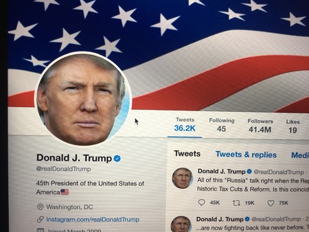 Wuhan China, 30 october 2017: Donald Trump official twitter account website page on a laptop screen