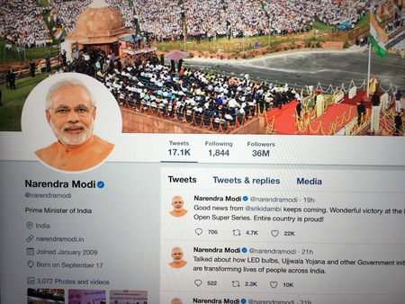 Wuhan China, 30 october 2017: Indian Prime Minister Narendra Modi official twitter account website page on a laptop screenのeditorial素材