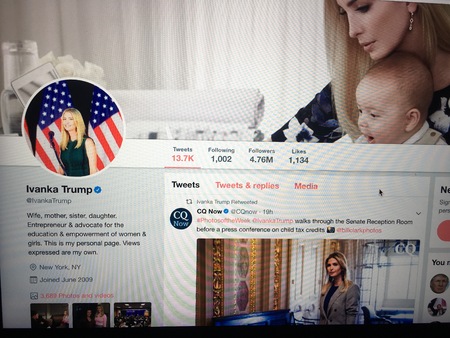 Wuhan China, 30 october 2017: Ivanka Trump official twitter account website page on a laptop screen