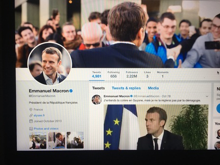 Wuhan China, 30 october 2017: French president Emmanuel Macron official twitter account website page on a laptop screenのeditorial素材