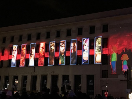 Lyon France, 8 December 2017: Charity tower on place Bellecour view during Fete des Lumieres - Festival of Lights in Lyonのeditorial素材