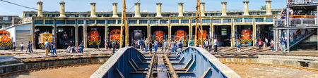 16 February 2018, Changhua Taiwan : panorama of fan-shaped train garage at railway roundhouse in...