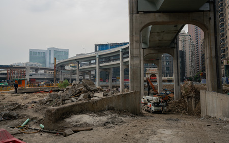 13 October 2018, Wuhan China : Urban aerial road construction site in Wuhan Chinaのeditorial素材