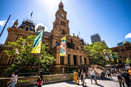 23rd December 2018, Sydney Australia: streetview and front view of Sydney town hall a Victorian Second Empire architecture building in NSW Australiaのeditorial素材