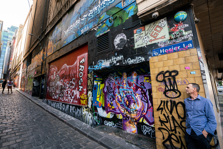 3rd January 2019, Melbourne Australia : Hosier lane street view with nameplate and tourists in Melbourne Australiaのeditorial素材