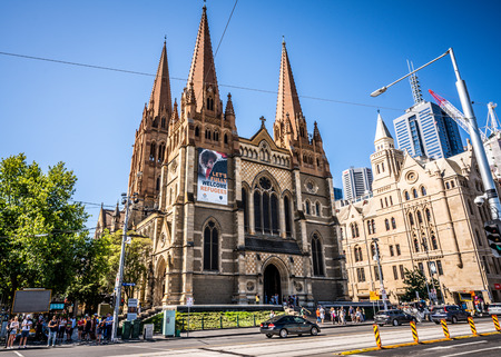 2nd January 2019, Melbourne Australia : Street view of the facade of St Paul's Cathedral an Anglican Gothic Revival church in Melbourne Victoria Australiaのeditorial素材
