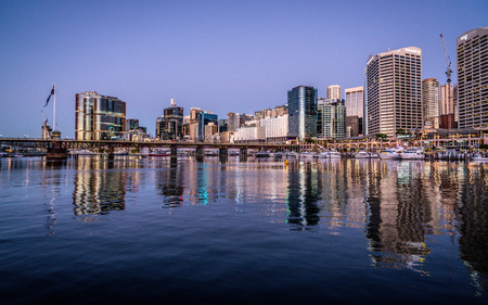 23rd December 2018, Sydney NSW Australia : Scenic night view of Sydney Darling Harbour with Pyrmont bridge and skylineのeditorial素材