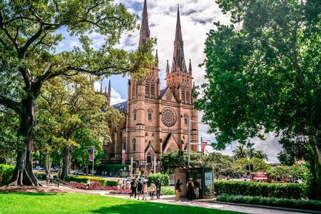 23rd December 2018, Sydney NSW Australia : Facade view of St. Mary's Cathedral from Hyde park with trees framing the building in Sydney NSW Australiaのeditorial素材