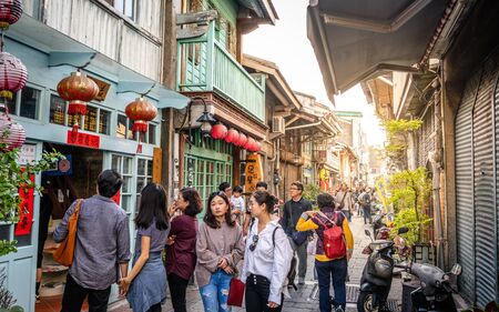 20 February 2018, Tainan Taiwan : View of old Shennong pedestrian street with people in Tainan Taiwanのeditorial素材