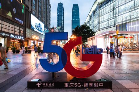 Chongqing China, 7 August 2019 : 5G sign for the launch of China Telecom 5G in Jiefangbei street Chongqing Chinaのeditorial素材