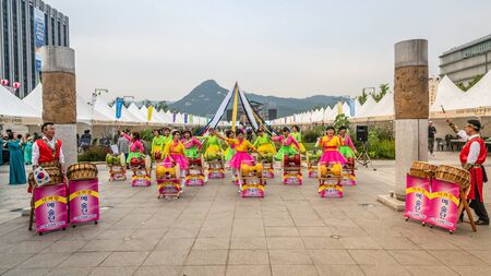 Seoul Korea , 25 September 2019 : Group of people playing traditional Korean drum or Janggu on...