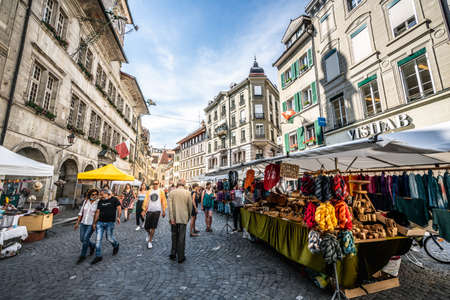 Lausanne Switzerland, June 26, 2020: People at creative artisans market on Place de la Palud or Palud square in Lausanne Vaud Switzerlandの写真素材