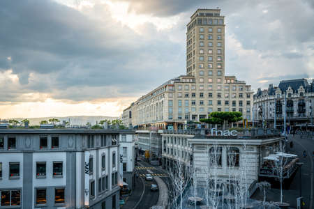 Lausanne Switzerland, 25 June 2020: View on the Tour de Bel-Air or Bel Air tower at sunset a 1931 heritage building in Le Flon district Lausanne Switzerlandのeditorial素材