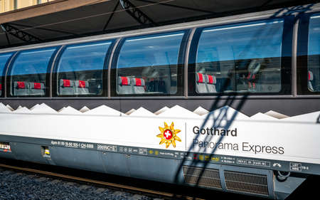 Bellinzona Switzerland, 2 July 2020: Empty Gotthard panorama express a Swiss first class panoramic...