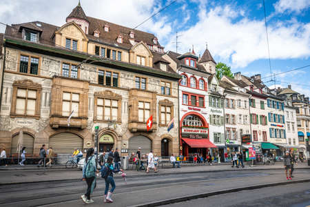 Basel Switzerland, June 29, 2020: Basel cityscape with colorful old houses on Barfusserplatz square...
