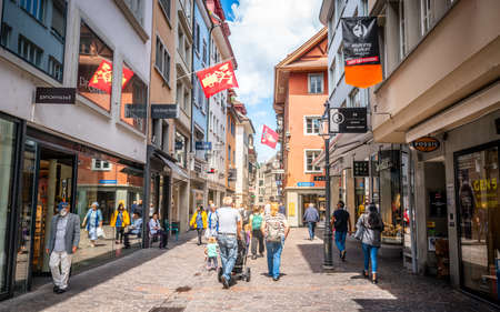 Lucerne Switzerland, 29 June 2020: Main pedestrian shopping Weggisgasse street with tourists during summer in Lucerne old town Switzerlandのeditorial素材