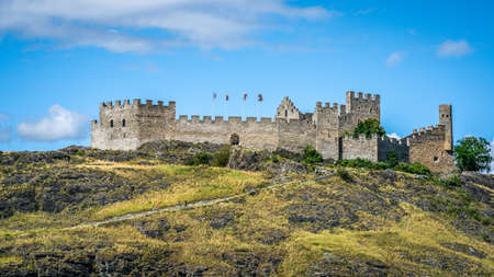 Scenic view of Tourbillon castle ruins and clear summer blue sky in Sion Valais Switzerland