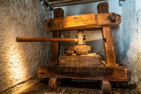 Old wine press made of oak built in 1706の写真素材