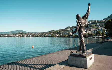 Montreux Switzerland, 5 July 2020: Freddie Mercury former Queen music band leader bronze statue by artist Irena on Geneva Lake shore in Montreux Switzerlandのeditorial素材