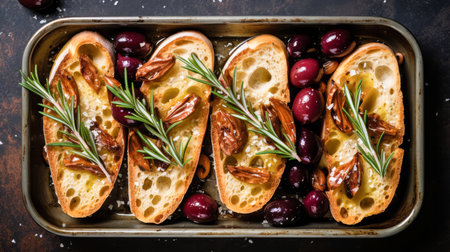 Pan of homemade slices of bread with olives olive oil and rosemary created with Generative AI technologyの素材