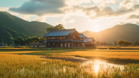Traditional japanese style house in middle of rice field and mountains in background with dramatic sunset light created using generative AI technologyの素材
