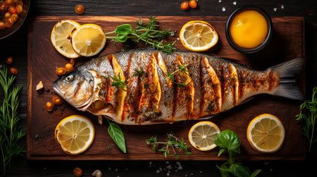 Grilled fish with lemon slices on wooden board and table created using generative AI technologyの素材