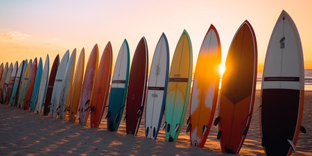 Many surfboards aligned on the beach with sunset in background created using generative AI technologyの素材
