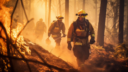 Firefighters fighting flames of a forest fire in summerの素材