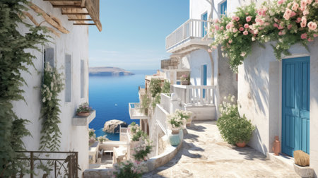 Mediterranean coastal houses whitewashed facades against azure waters of the seaの素材