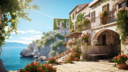 Mediterranean coastal houses whitewashed facades against azure waters of the seaの素材