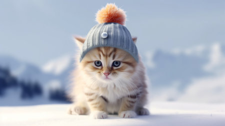cute cat kitten wearing a bobble hat on white snowの素材