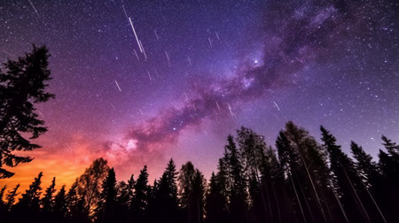 Abstract time lapse night sky with shooting stars over forest landscape. Milky way glowing lights in background.の素材