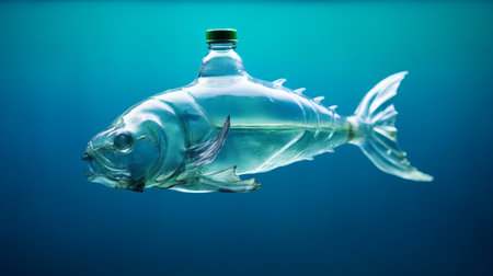 A bottle of water in the shape of a fish representing ocean pollution with plasticの素材