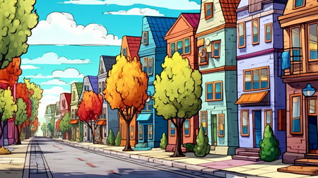 Colorful street full of houses illustration backgroundの素材