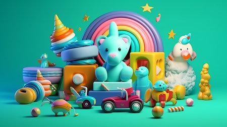 Composition of toys and items related to newborn baby boys with vivid colors soft light backgroundの素材
