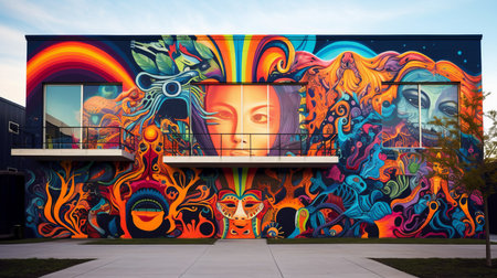 Colorful graffiti mural on a building in a streetの素材
