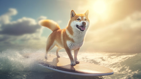 Cute shiba inu dog surfing waves on a surfboardの素材