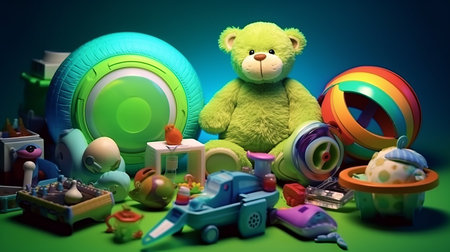 Composition of toys and items related to newborn baby boys with vivid colors soft light backgroundの素材